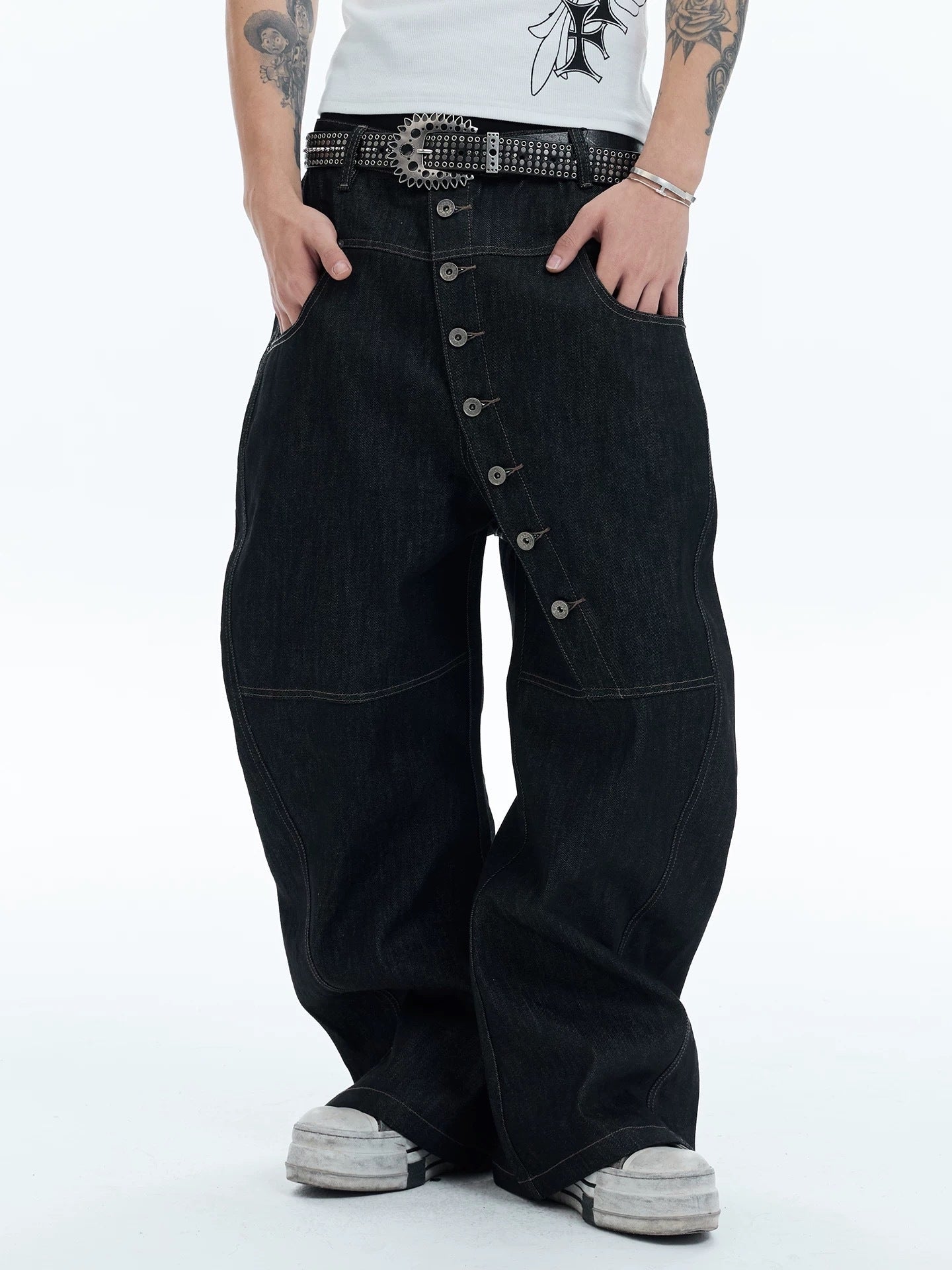 Asymmetric Button Wide-Leg Denim Pants