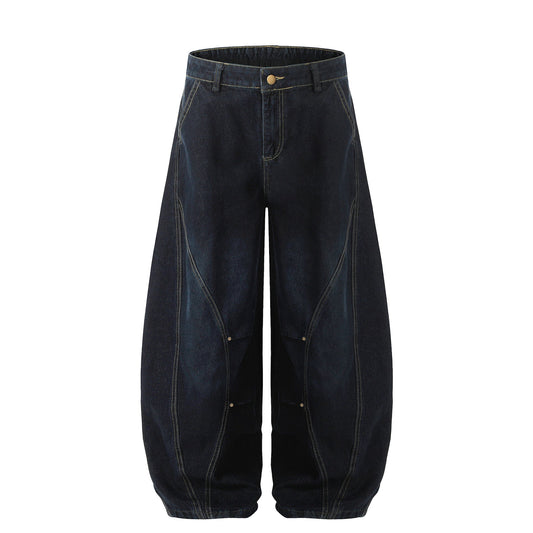 Curved-Panel Barrel Denim Pants