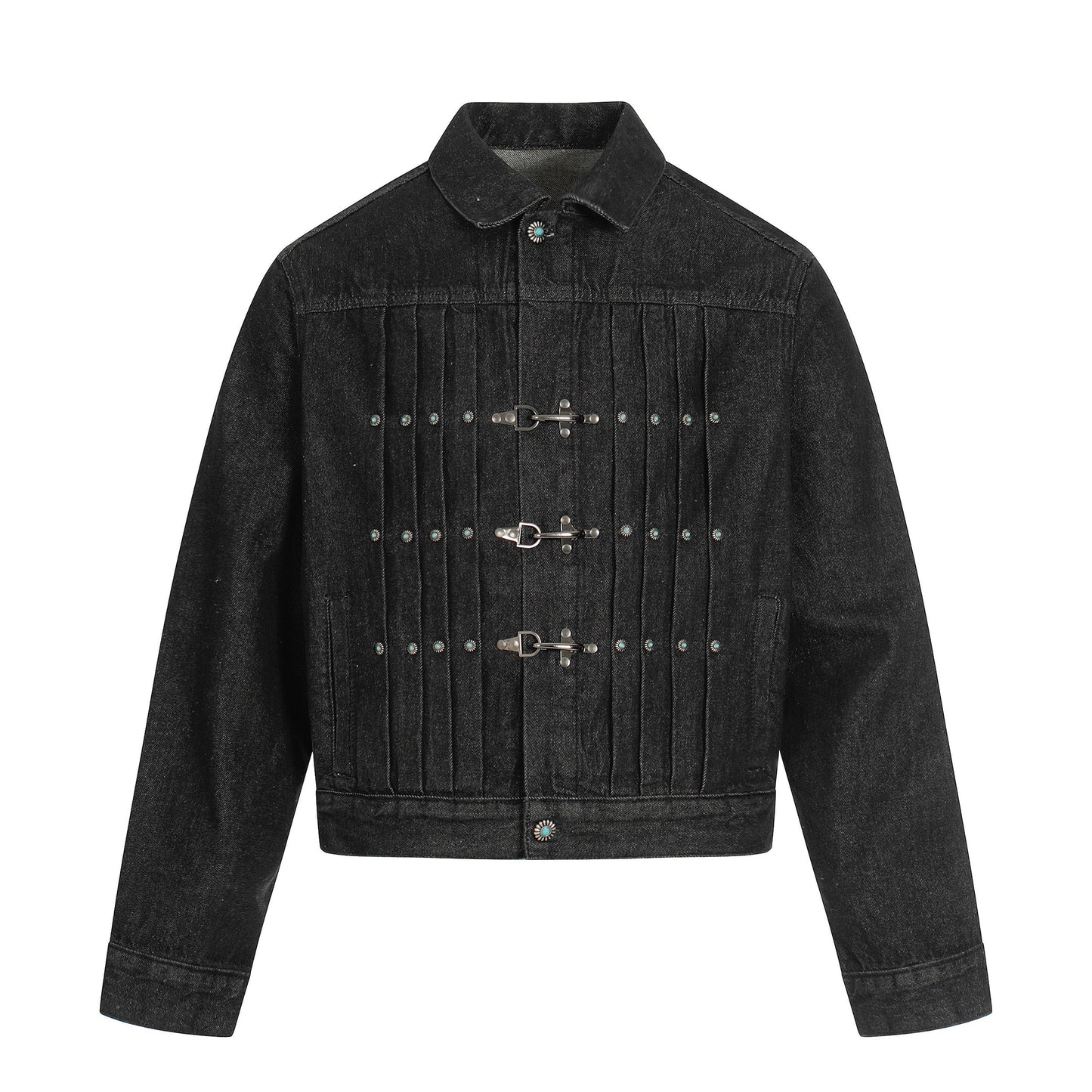 Metal Buckle Pleated Denim Jacket