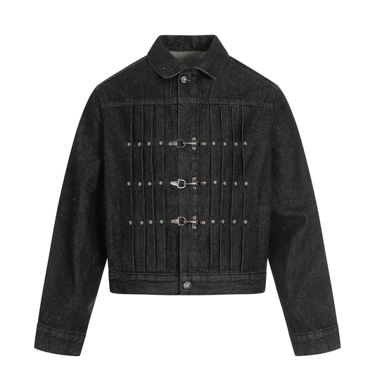 Metal Buckle Pleated Denim Jacket