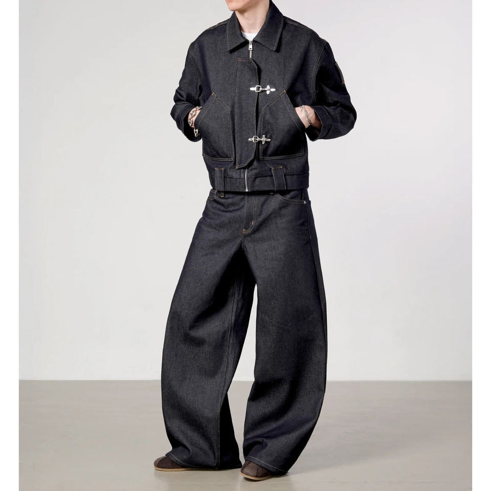 Metal Buckle Pleated Denim Jacket