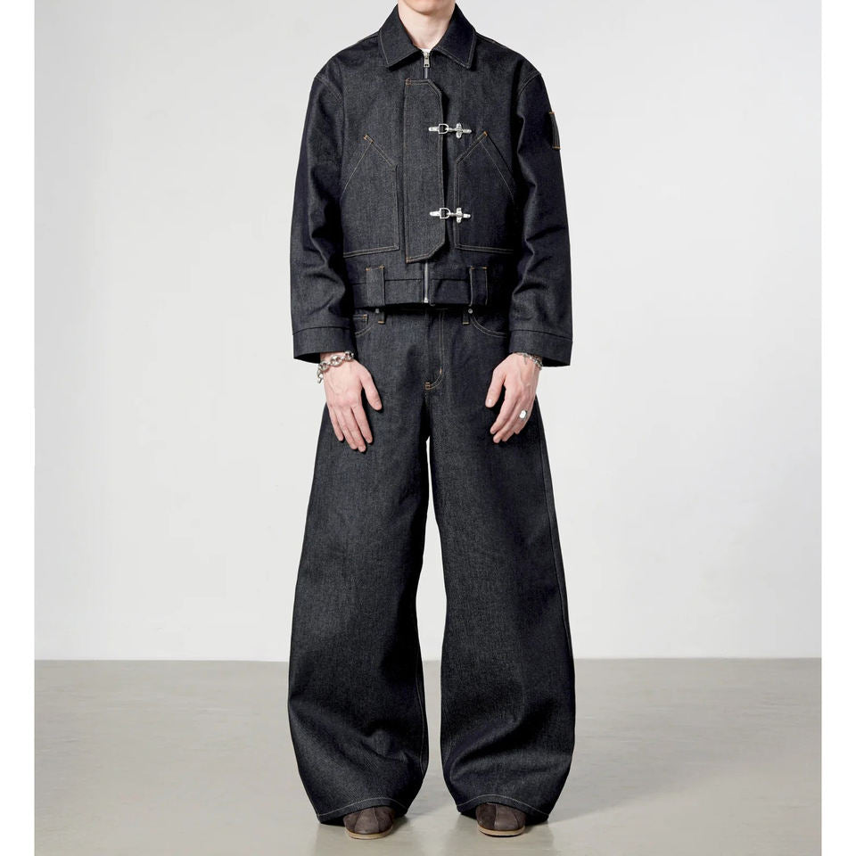 Metal Buckle Pleated Denim Jacket