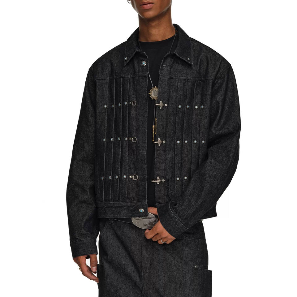 Metal Buckle Pleated Denim Jacket