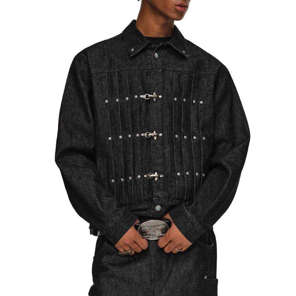 Metal Buckle Pleated Denim Jacket