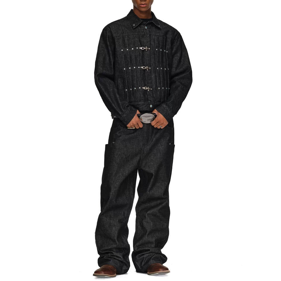 Metal Buckle Pleated Denim Jacket