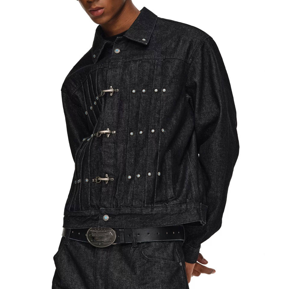 Metal Buckle Pleated Denim Jacket