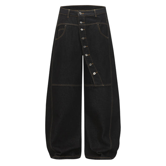 Asymmetric Button Wide-Leg Denim Pants